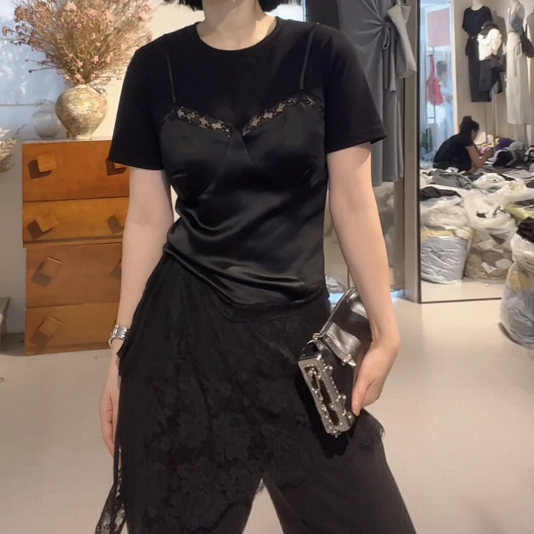 撞色拼接假两件蕾丝吊带短袖上衣女2025夏季新款百搭时尚休闲上衣