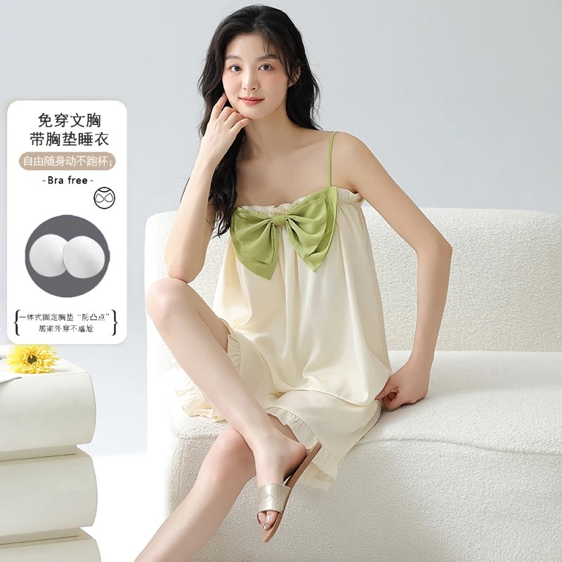 冰丝睡衣女夏季带胸垫吊带肩带可调节甜美性感薄款新款家居服套装