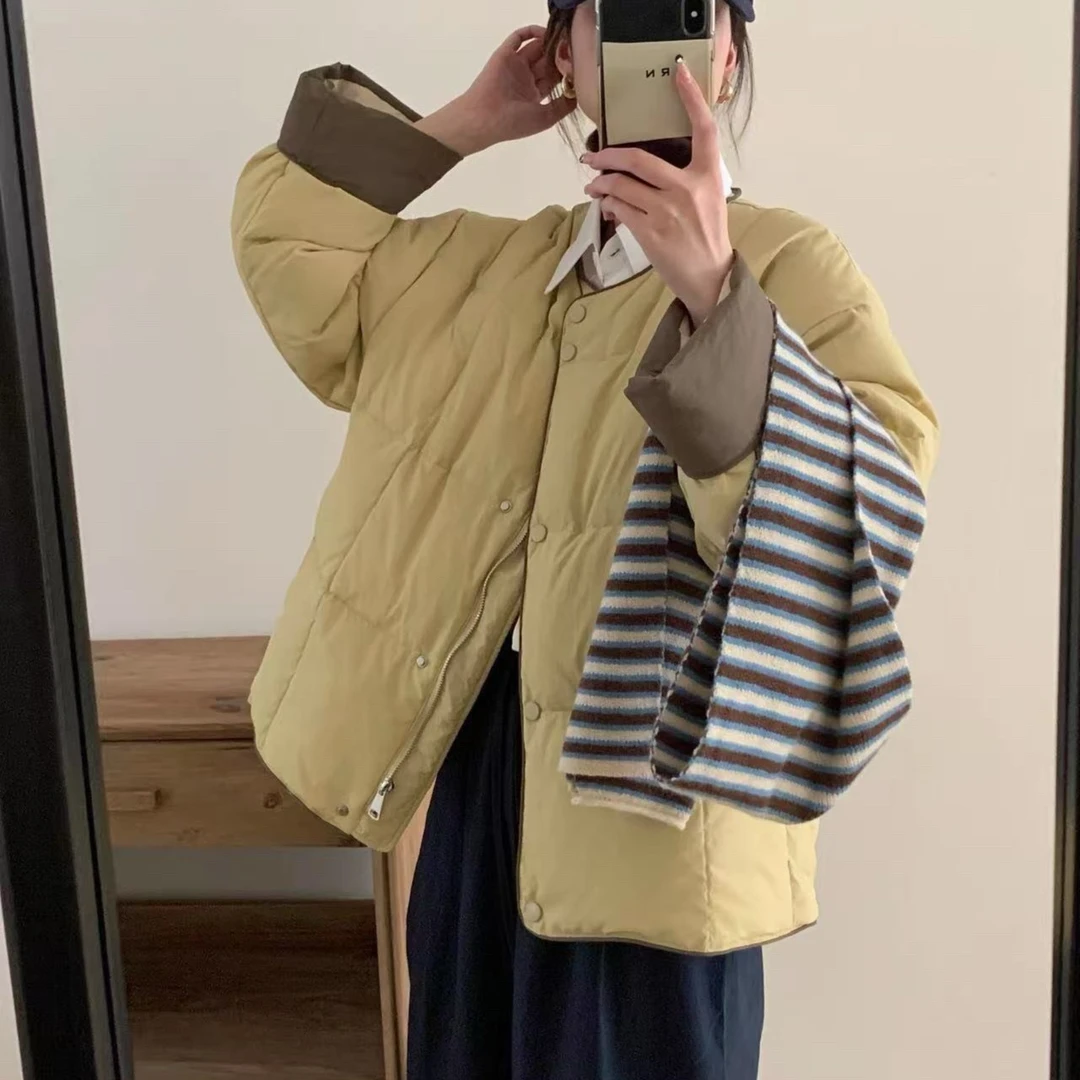 A85秋冬新款宽松韩系单排扣拼色棉服