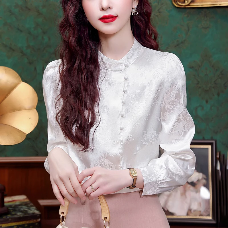 新中式醋酸缎面衬衫女士2025年春季新款复古立领衬衣长袖国风上衣