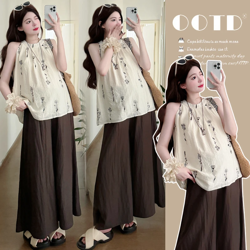 新中式2025夏季法式复古刺绣花朵孕妇衫+宽松舒适阔腿裤套装