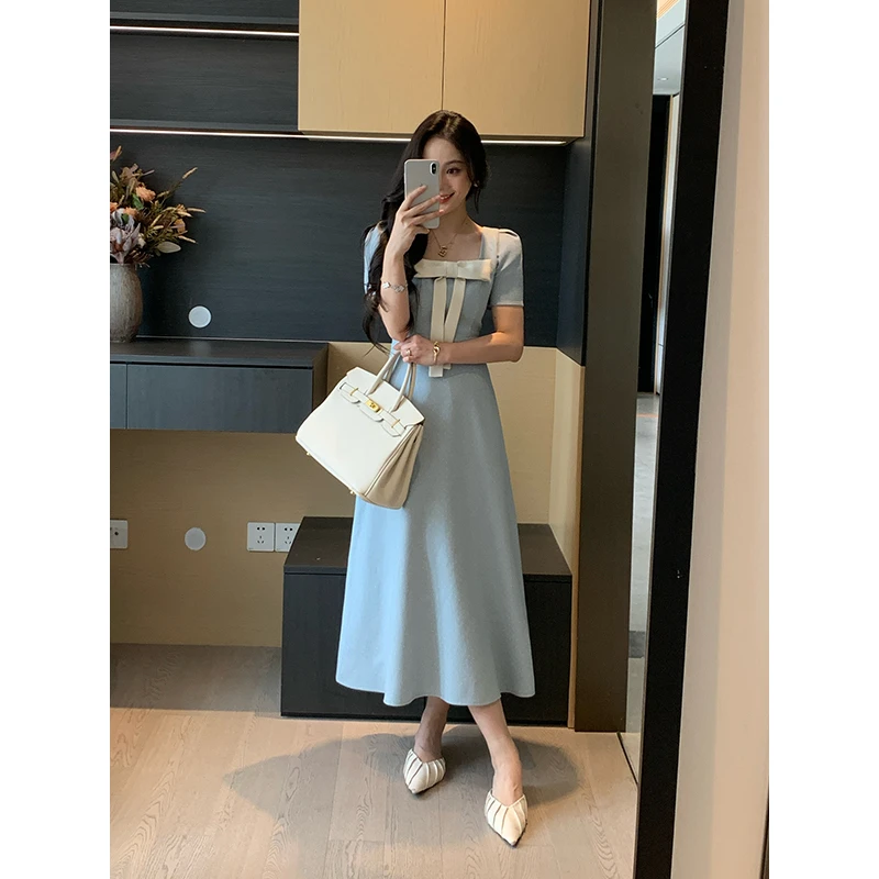 XINYI【冰雪奇缘】夏季蝴蝶结方领连衣裙收腰显瘦气质X625Q05703