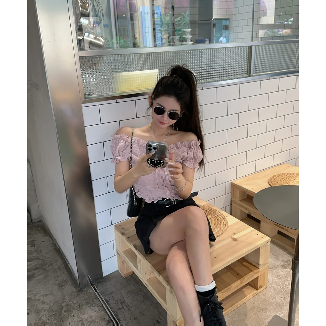 21 DEGREES【pink少女系】泡菜定制褶皱拉肩上衣黑色百褶裙裤