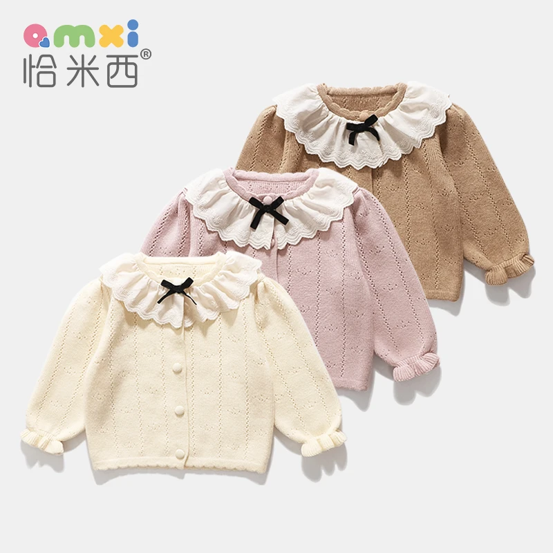 【断码清仓】2025春女童针织开衫蕾丝领1-2-3岁女宝宝毛衣外套春秋