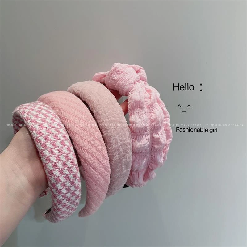 少女粉系列发箍时尚感千鸟格头箍开心粉色发饰网纱海绵打结发箍女