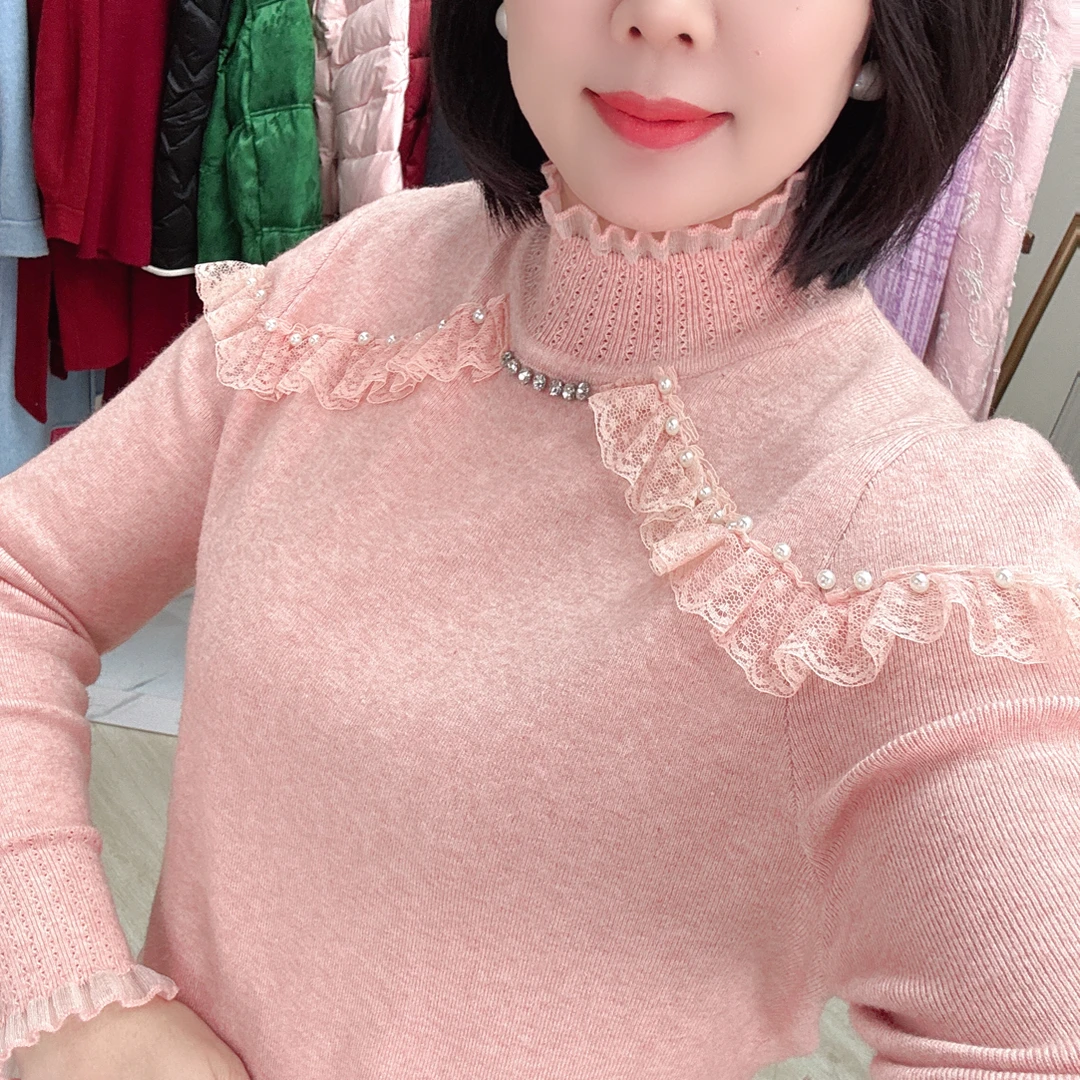 UJIA时尚百搭针织打底衫女士秋冬内搭半高领长袖蕾丝上衣修身