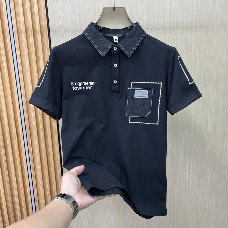 高级感拼接Polo衫男短袖夏季痞帅修身翻领T恤ins潮牌高端上衣