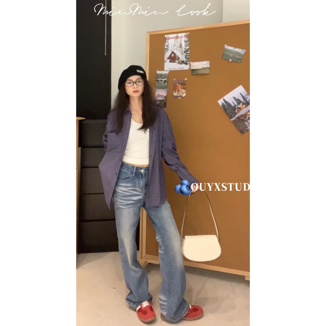 【复古回溯】ohy*原！猫须磨白折痕微喇牛仔裤～