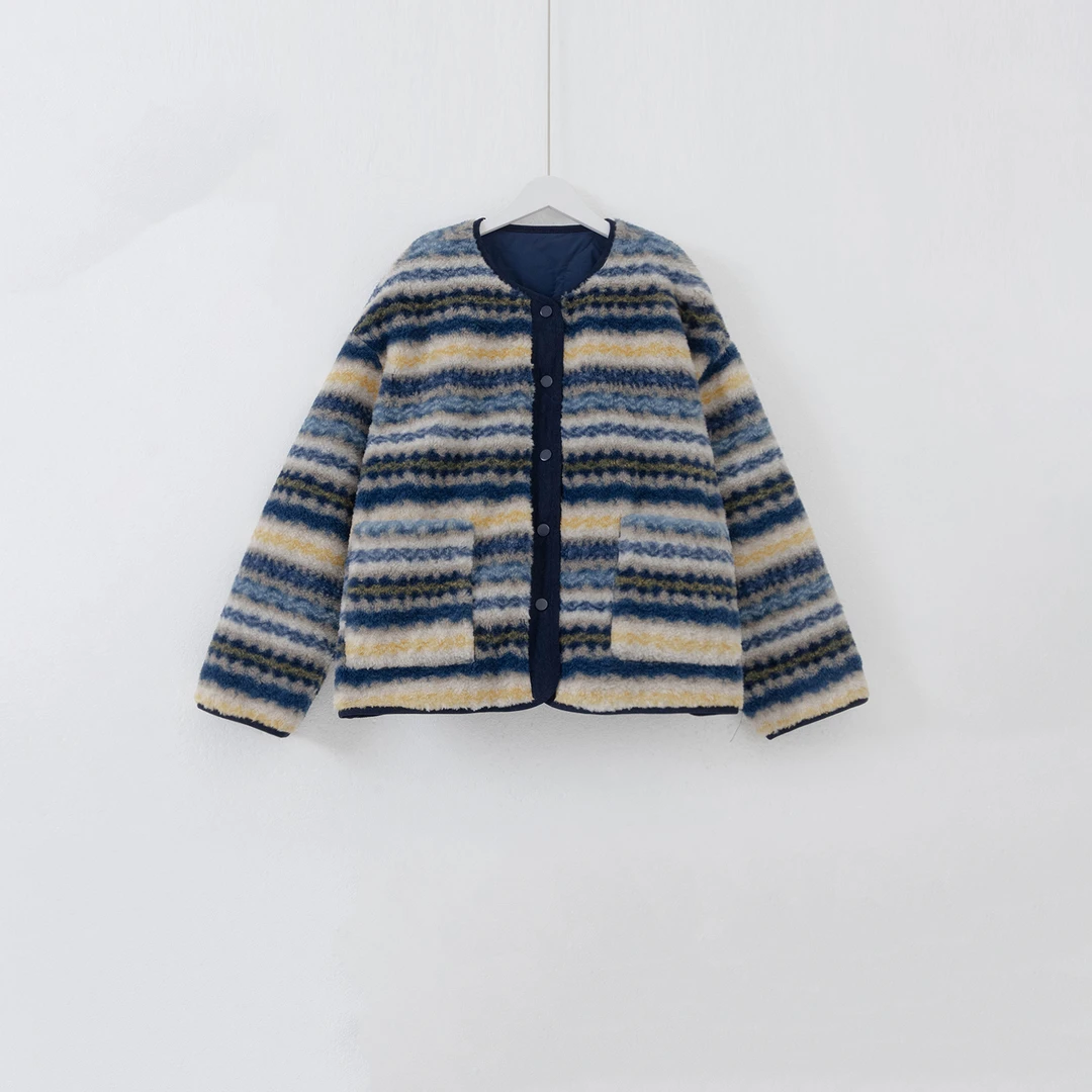 几里与麻 韩系慵懒条纹撞色双面穿外套 衣长59胸围125 2101907