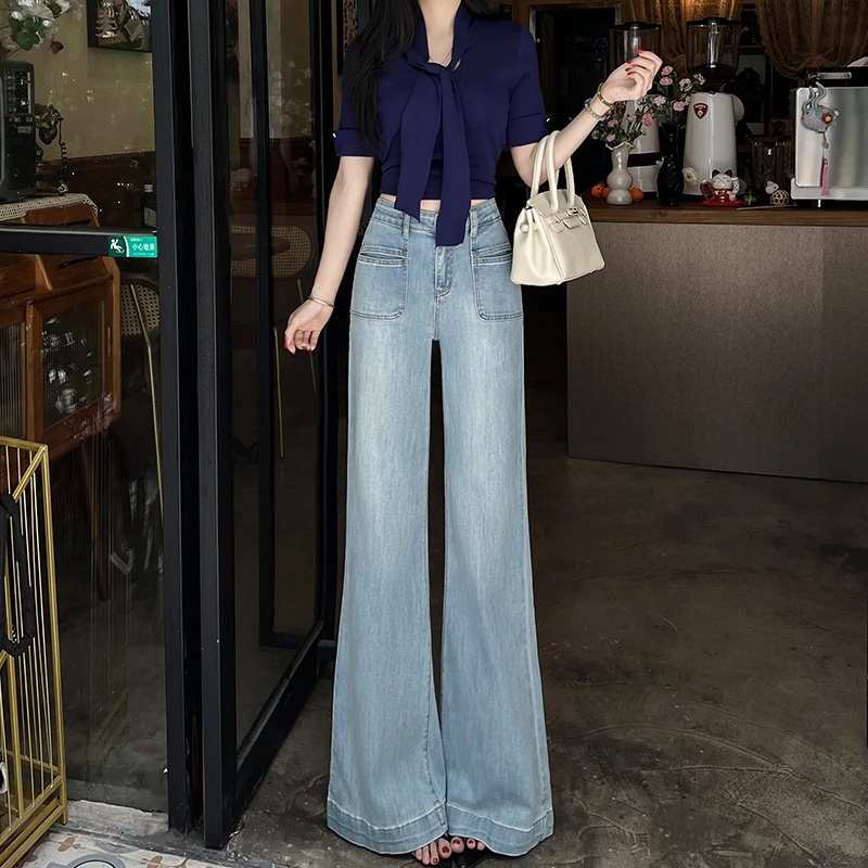 浅色微喇高腰牛仔裤女2025年秋季新款窄版直筒裤小个子垂感阔腿裤