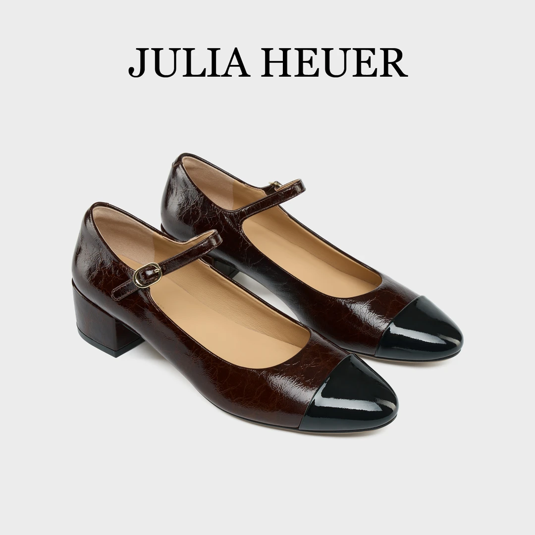 朱莉亚丨JULIA HEUER法式拼色浅口气质一字扣粗跟玛丽珍单鞋2531