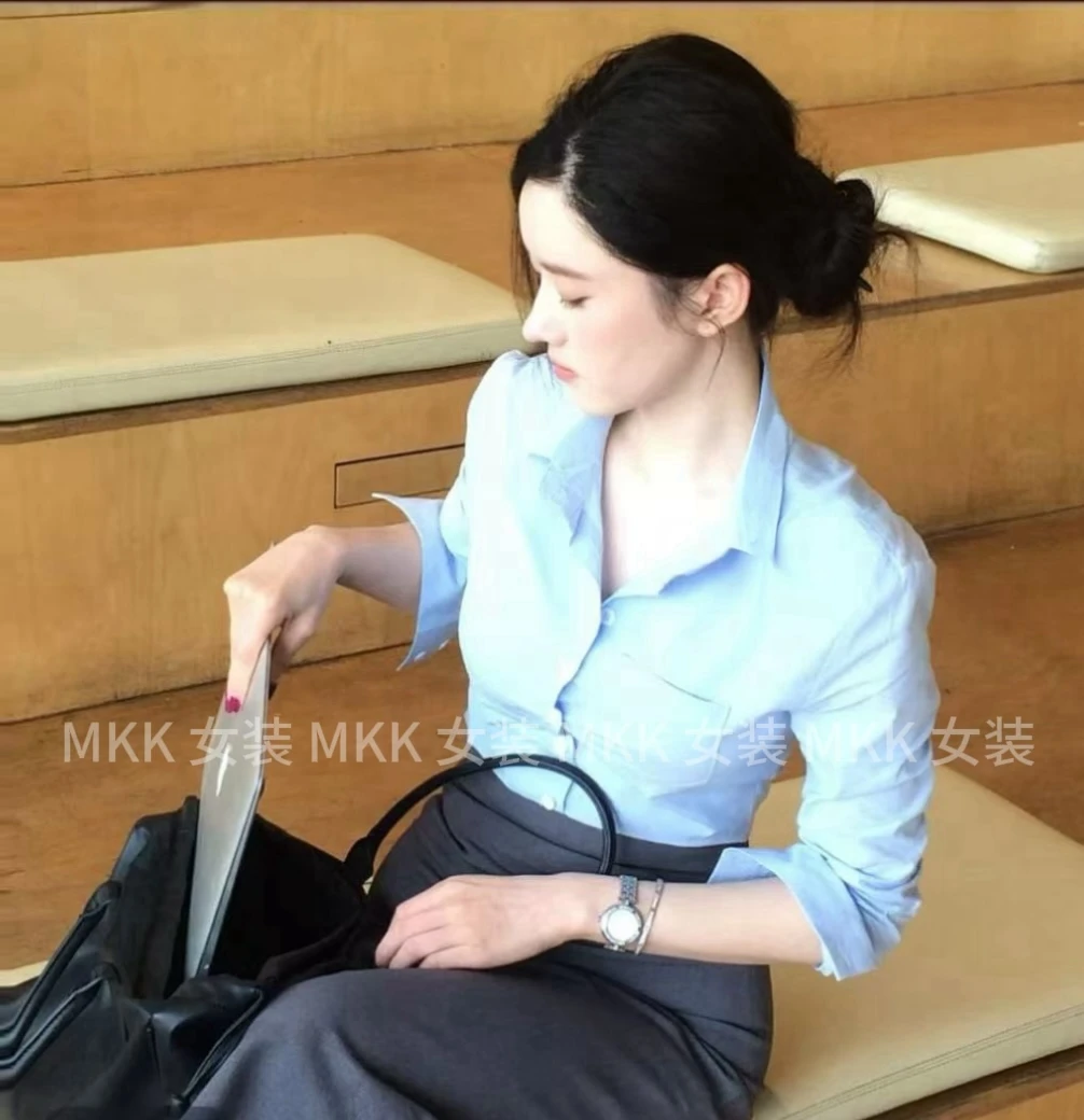 刘亦菲同款职业装韩国chic简约纯色基础款修身短款衬衫女翻领衬衣