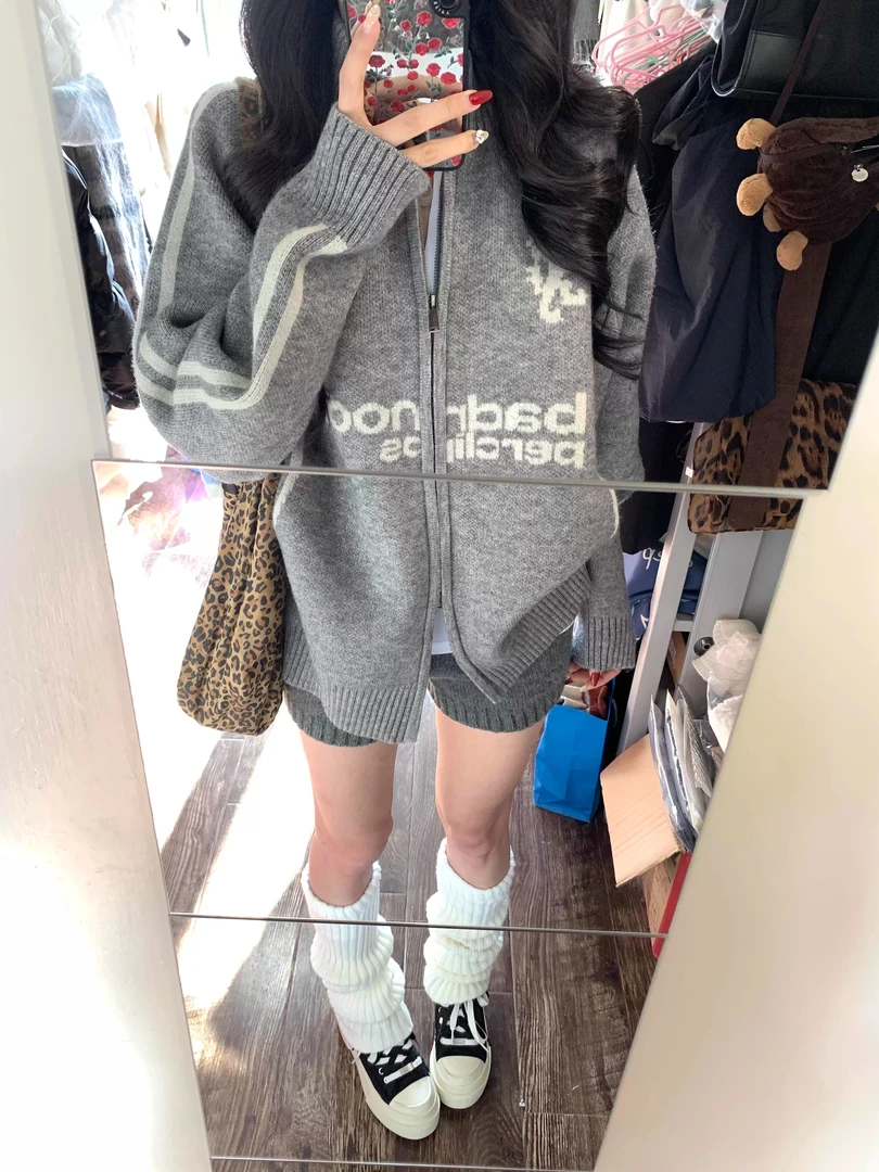 棒球风oversize翻领拉链毛衣开衫女外套秋装新款韩版宽松针织衫