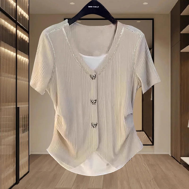 轻奢V领假两件短袖t恤女夏季2025新款设计感打底衫女洋气女装上衣