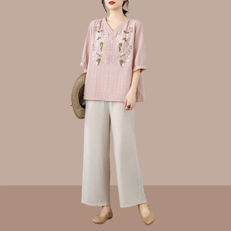 中年妈妈夏季套装刺绣上衣薄款仿棉麻时尚洋气中老年女两件套