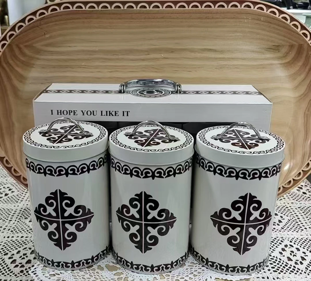 2025年新款哈萨克风味uyu茶叶罐,精美三件套摆件回礼伴手礼