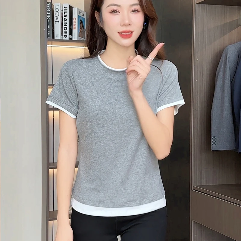 2025秋季新款爆款假两件短袖T恤设计感宽松百搭洋气女士休闲上衣