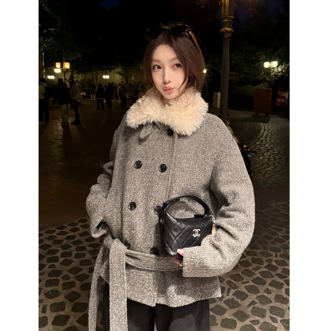 伯克利冬日 冬季新款纯欲慵懒风双排扣廓形毛领毛呢系带大衣外套