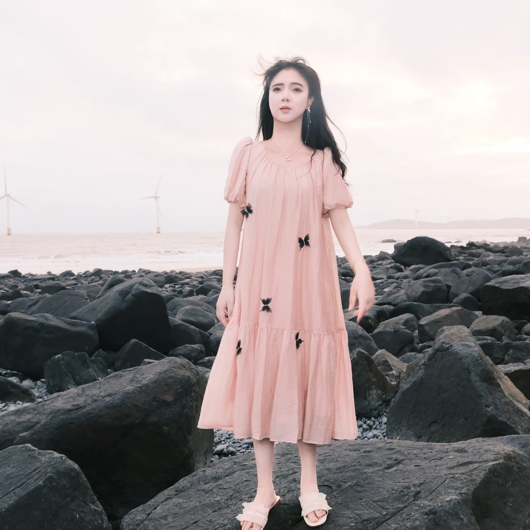 【Cc大码】夏季新款宽松显瘦仙女裙小清新中长款蝴蝶装饰连衣裙