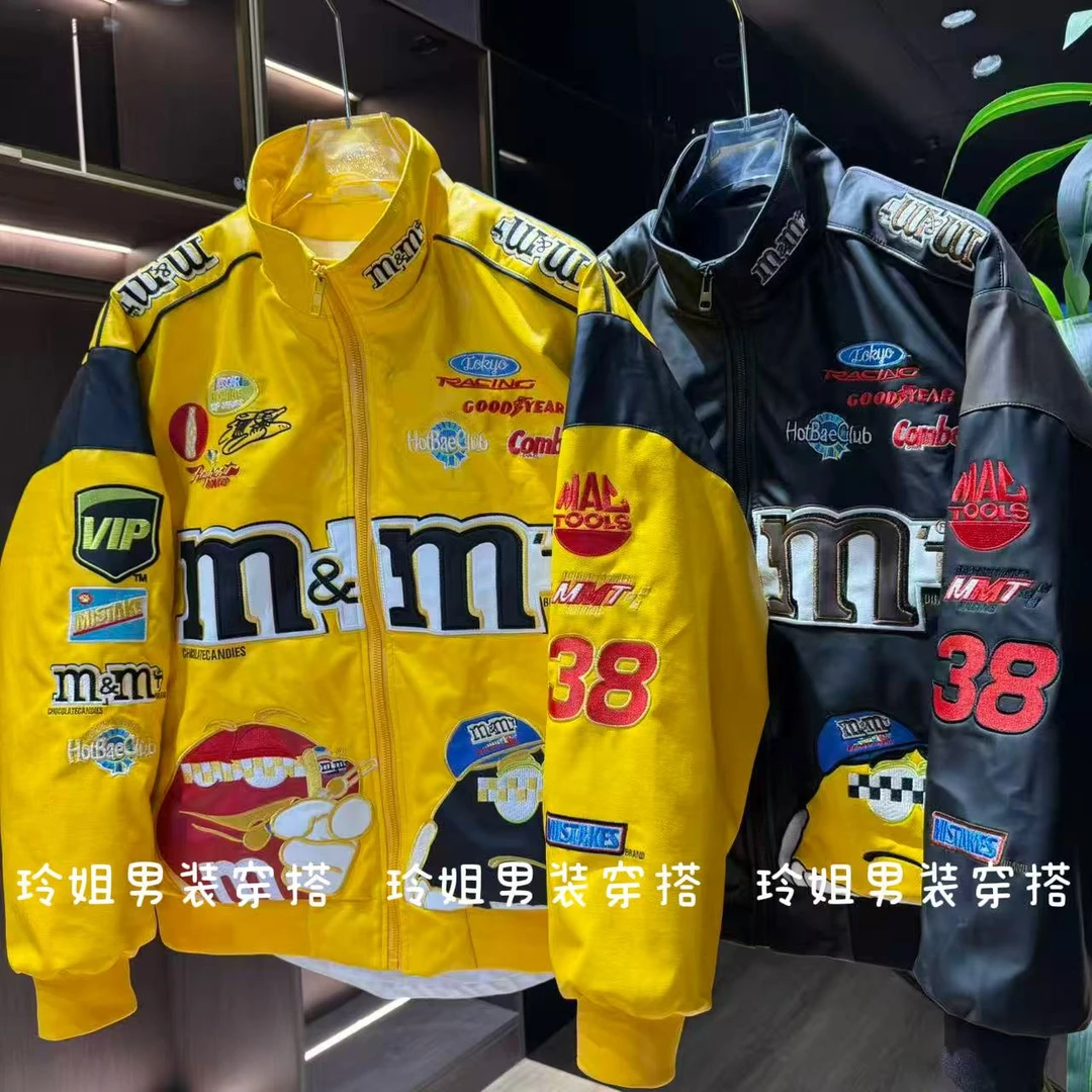 M豆重工刺绣赛车机车夹克男女宽松复古潮牌薄棉棒球服情侣外套