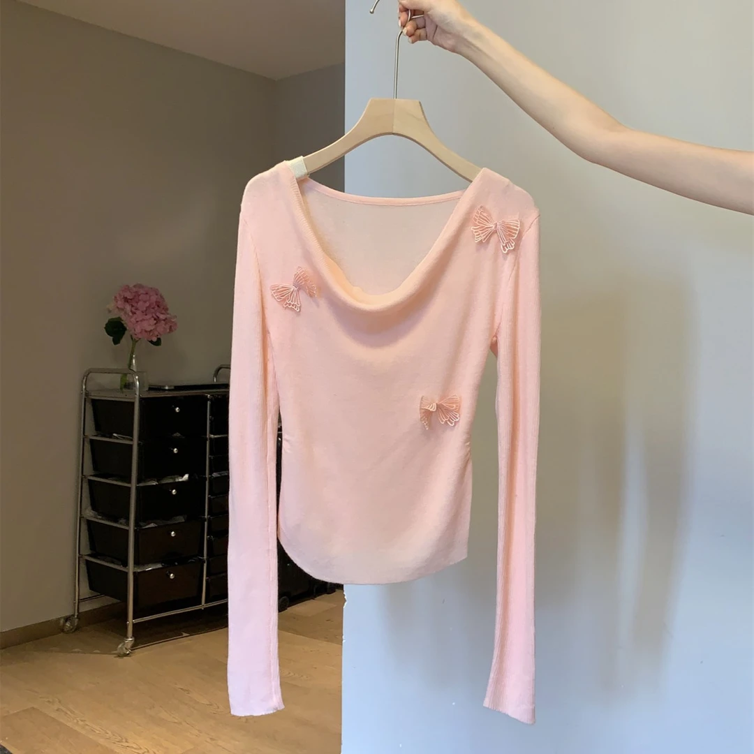 【现货】春秋设计感立体蝴蝶一字荡领针织衫温柔修身洋气内搭上衣