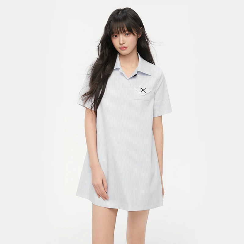 King Prince夏季甜美miu系少女小个子宽松衬衫裙竖纹娃娃裙连衣裙