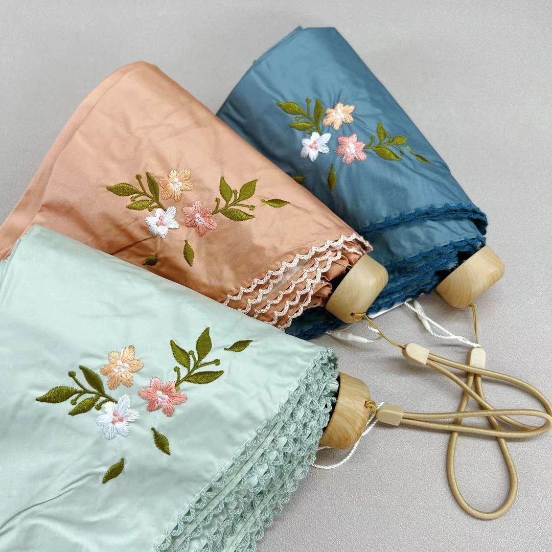 刺绣花边彩胶遮阳伞6骨5折90cm超轻出口日本尾单晴雨两用伞遮阳伞