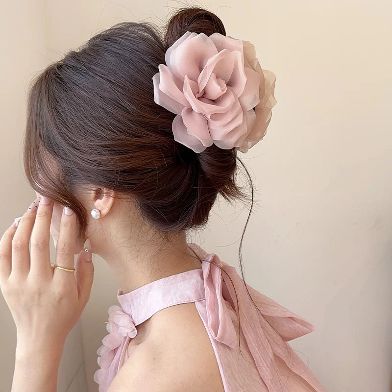 韩系温柔网纱花朵发夹女后脑勺盘发抓夹2025新款高级感鲨鱼夹发饰