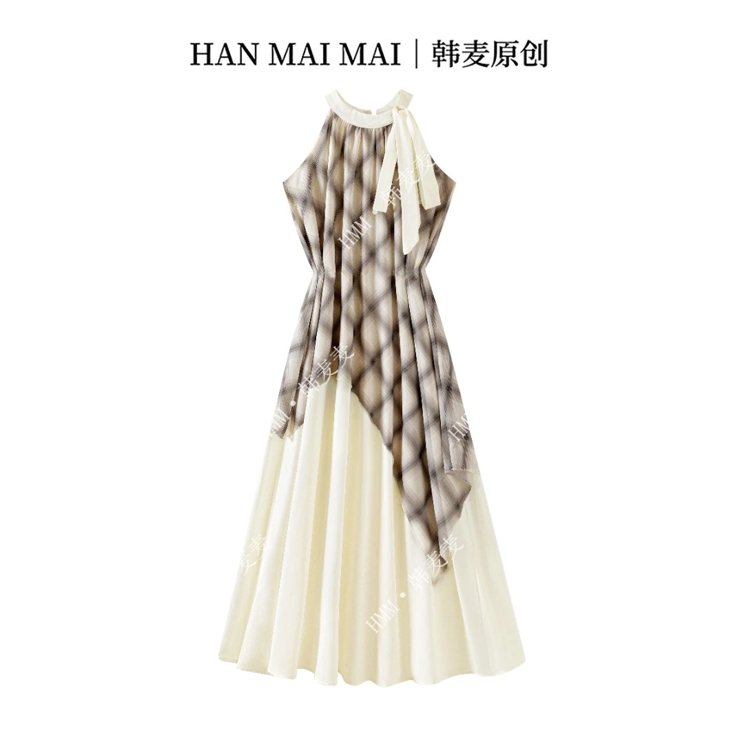 117/假两件格子拼接网纱蝴蝶结挂脖连衣裙女装小个子叠穿宽松长裙