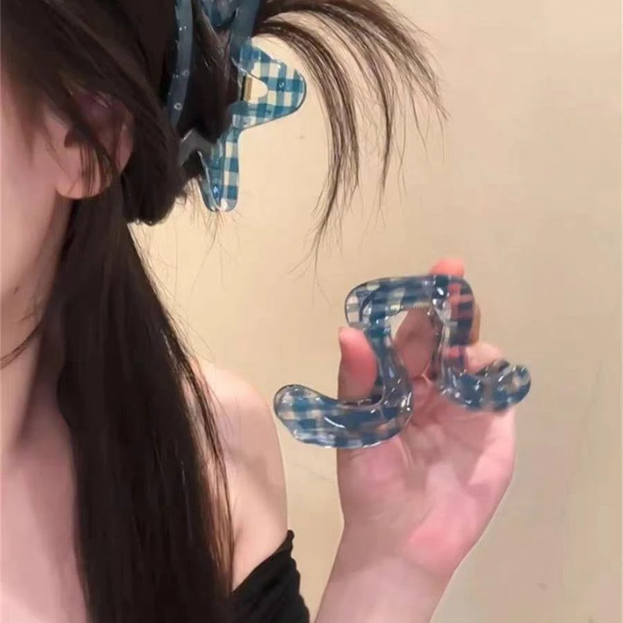 网红同款韩系蓝色系格子抓夹高级感弧形发抓后脑勺盘发头饰发卡