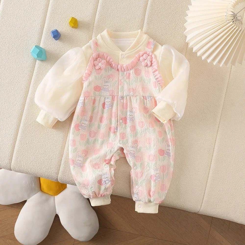 新生婴儿秋季女宝宝连体衣长袖百天周岁洋气国风碎花外出服连体衣