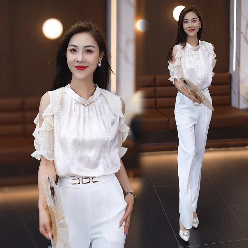 拉夏贝尔雪纺衬衫女2025新款夏季印花小衫下摆打结上衣休闲西装裤