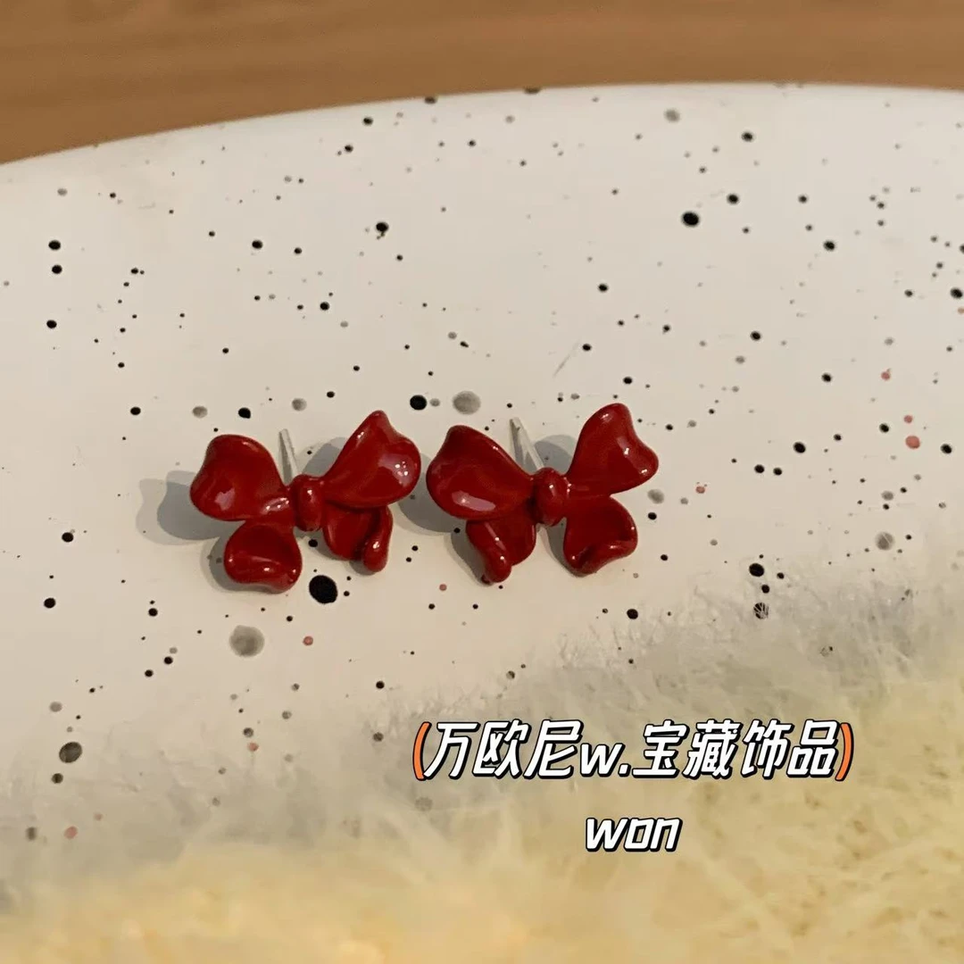 925银亚克力耳饰  CHANGE x 安克拉红蝴蝶结耳钉 可爱复古 弧E078