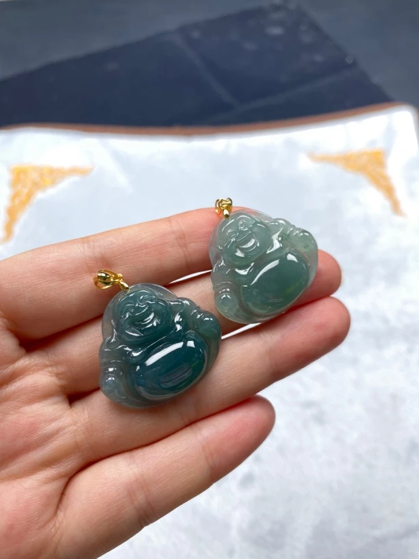 天然A货蓝水翡翠佛公26*29mm-S925银镶嵌-多样性发一件