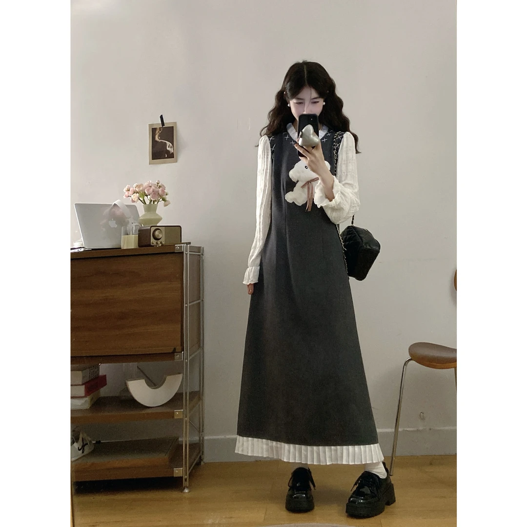 【复古旋律】 大码女装微胖妹妹灰色小狗毛呢马甲假两件连衣裙