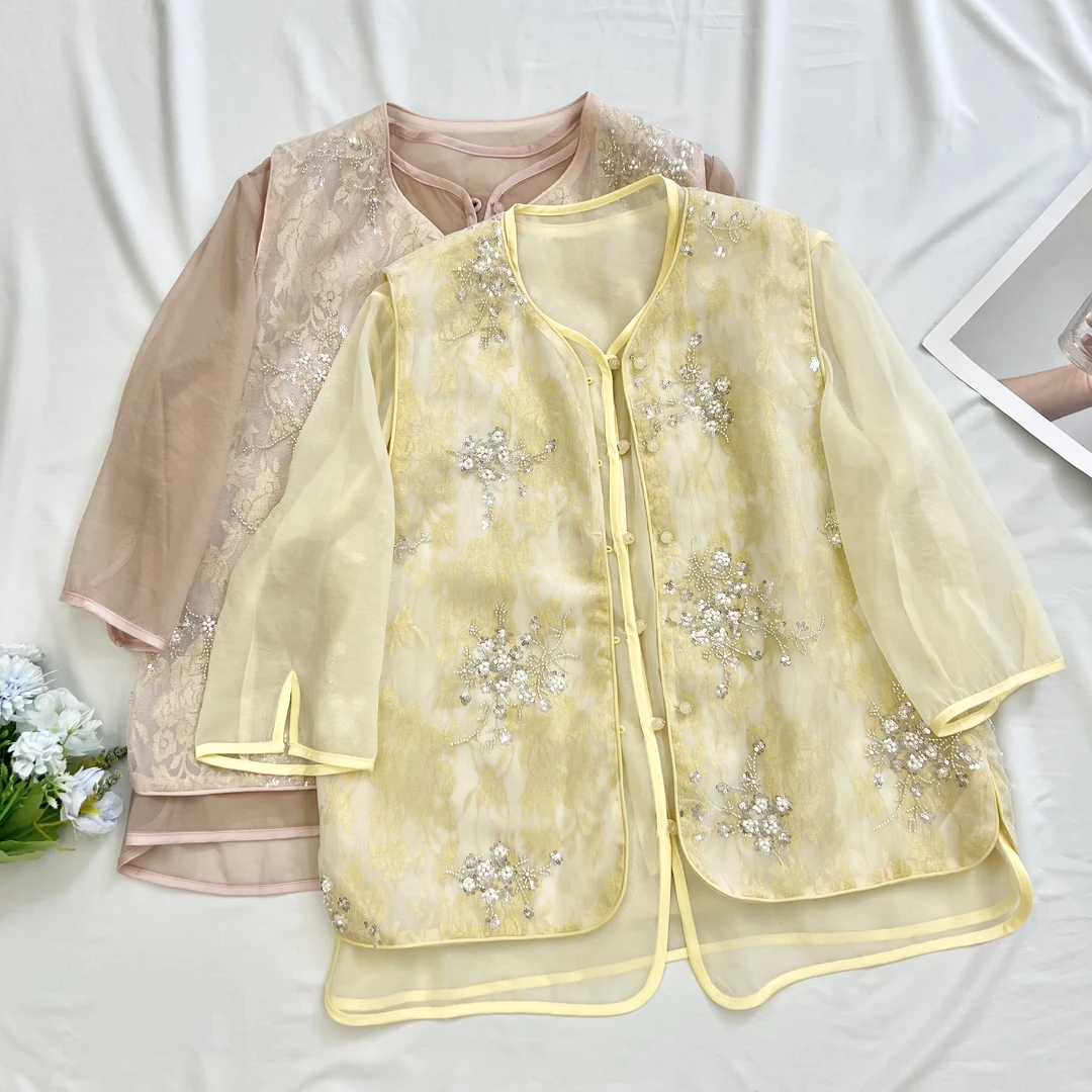 【叶子服饰】夏季新款简约百搭纱面透气长袖衬衫两件套25165