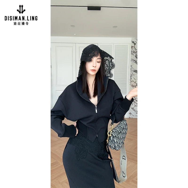 迪丝嫚苓藏青色套装气质轻奢时尚女士春季优雅修身长袖显瘦两件套