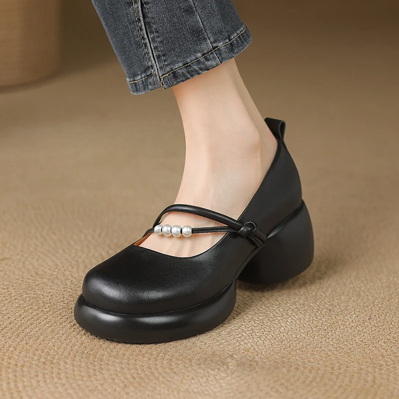 通勤6.5cm粗跟厚底浅口单鞋舒适圆头玛丽珍女鞋真皮防水台高跟鞋