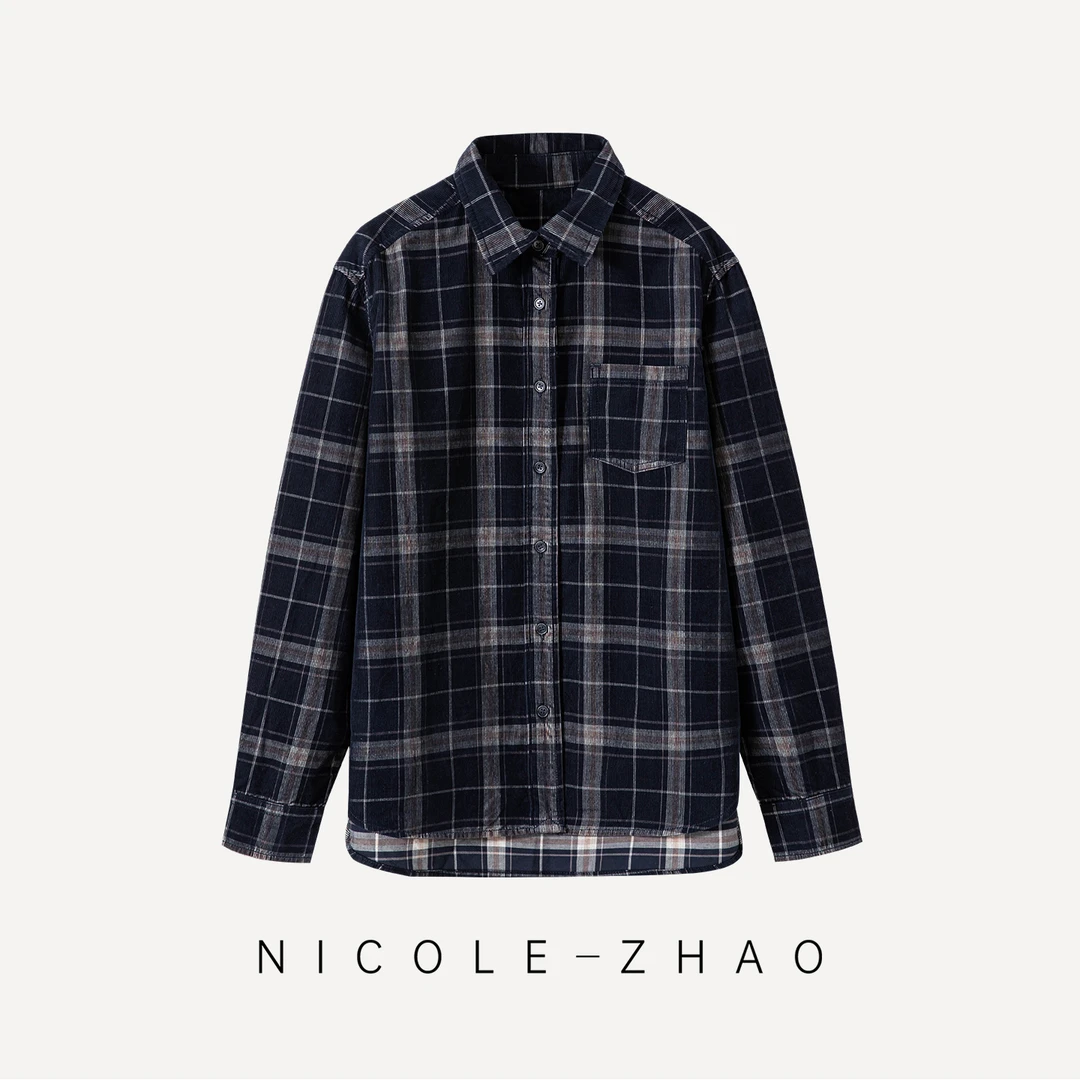 【贵姐NICOLE】高定系列气质时尚休闲灯芯绒格纹衬衫5NWC010