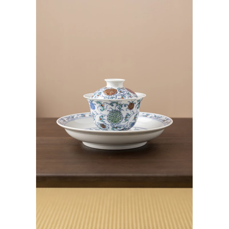 （越记窑）复古青花团菊二才盖碗+壶承