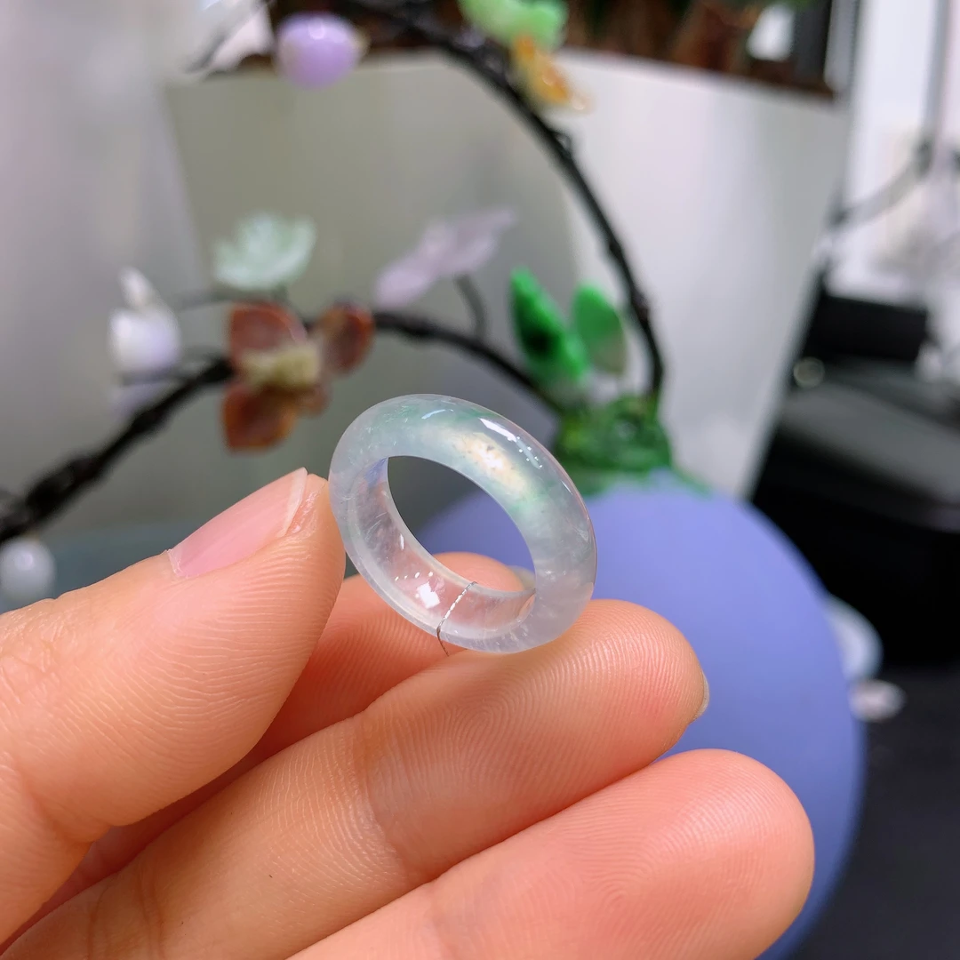 7-8圈口缅甸天然翡翠A货冰飘金丝绿戒指A719#