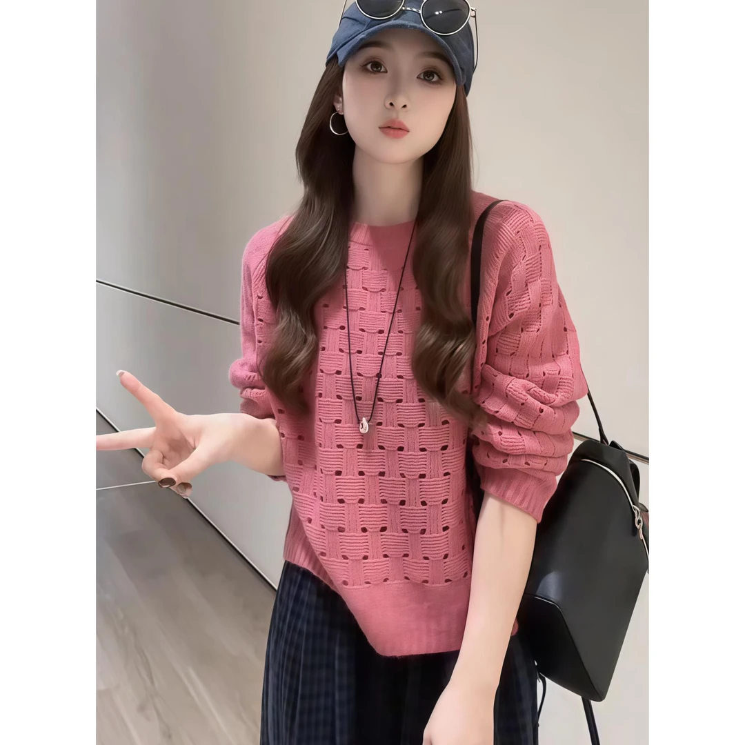 AN 2025秋季氛围感宽松超好看针织衫套头圆领镂空毛衣长袖上衣女