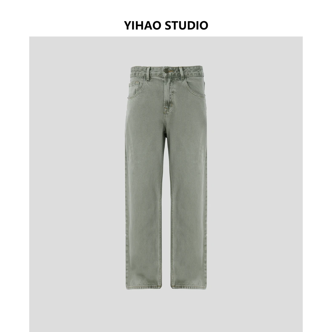 YIHAO STUDIO秋季男款水洗浅灰牛仔裤休闲百搭宽松直筒长裤