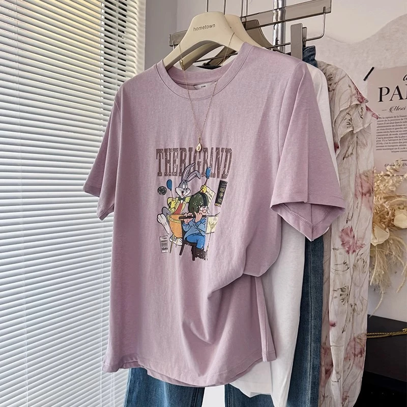 2025年新款夏季凉爽花雪花棉短袖T恤女薄款宽松大码胖mm上衣200斤