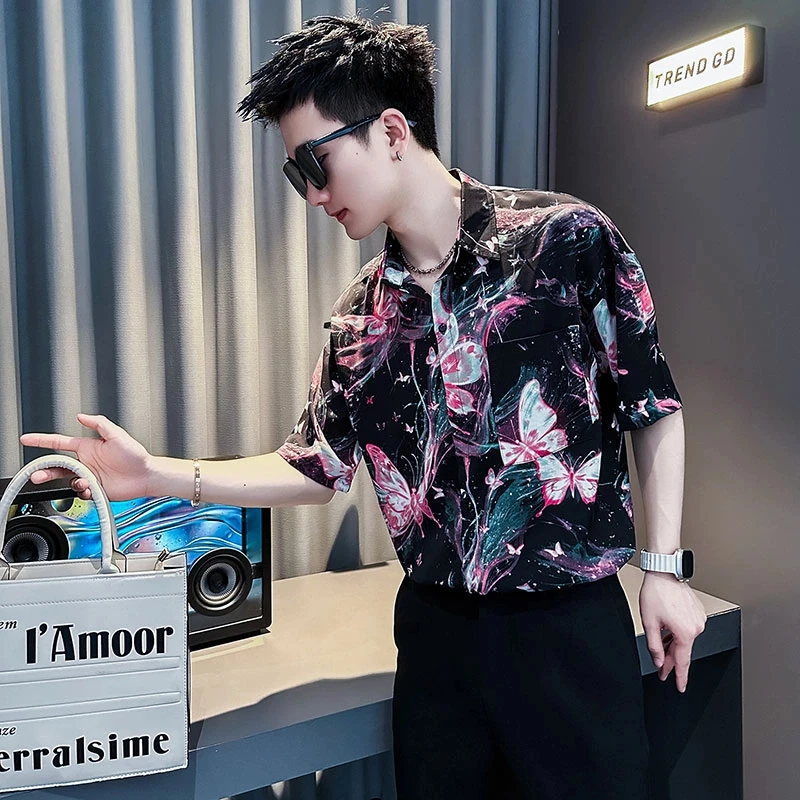 花衬衫薄款男士短袖衬衣夏季新款高级感男生上衣痞帅夏天男装寸衫