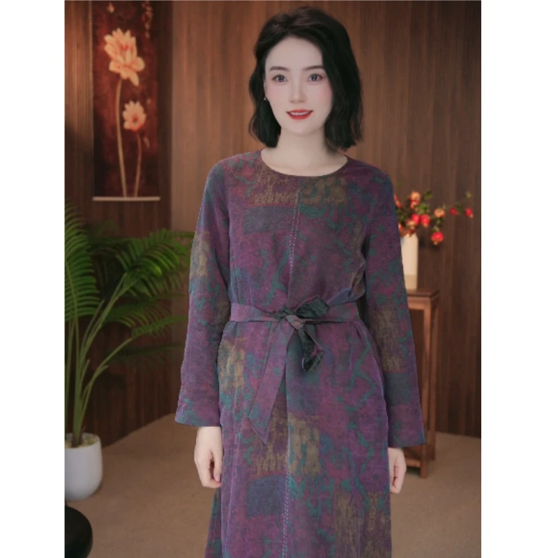 遇裳（99561）秋冬新款长袖100桑蚕丝龟裂纹香云纱双面穿连衣裙