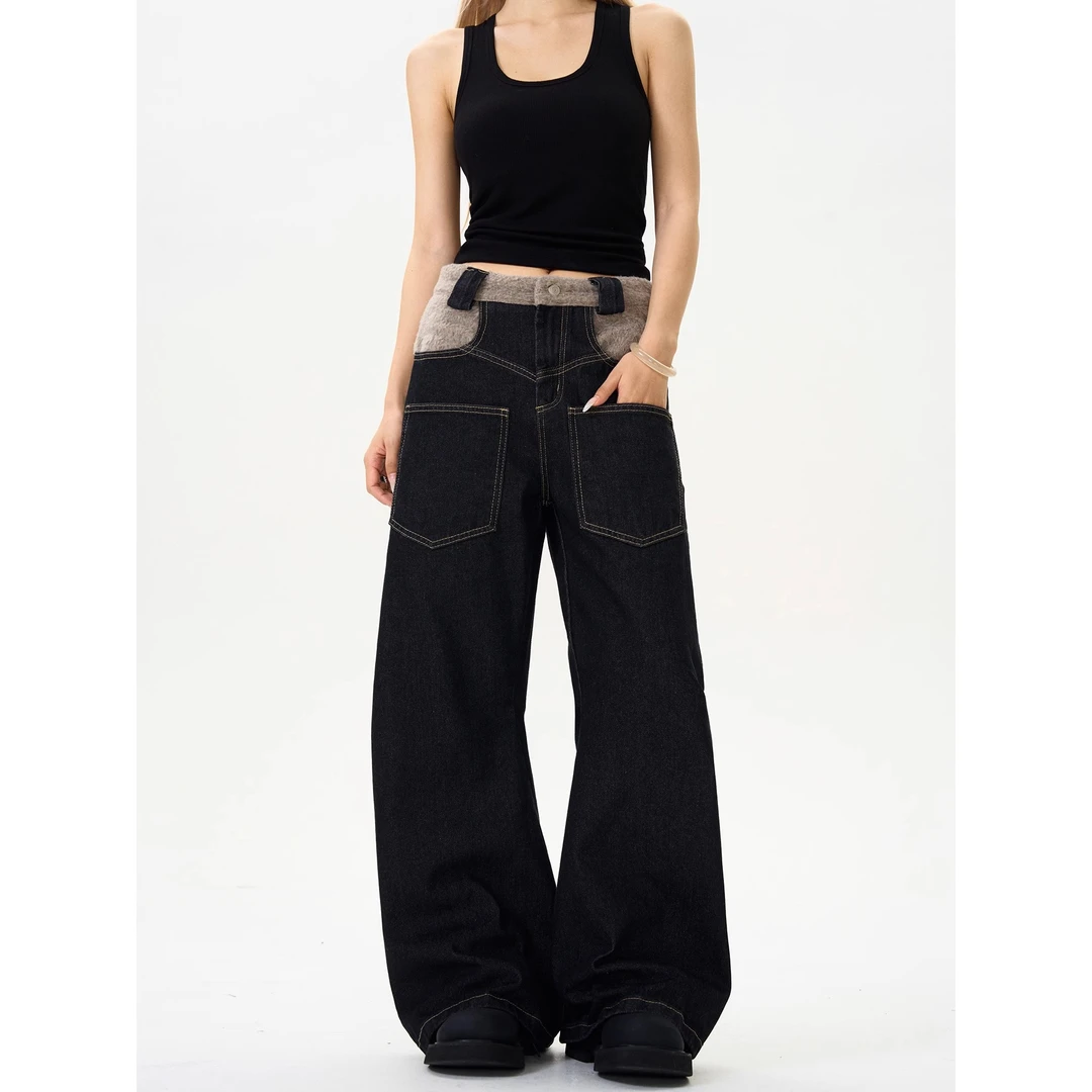 SAIMT美式cleanfit绒毛反穿围巾拼接弯刀廓形休闲直筒牛仔裤男女