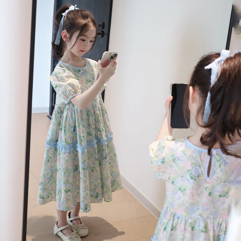 泡泡袖女童连衣裙2025新款洋气儿童裙子夏季小女孩纯棉碎花公主裙
