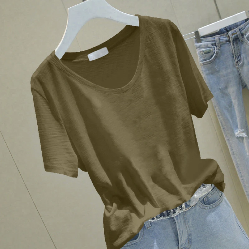 2025年夏季新款V领气质百搭减龄短袖t恤女士雪花棉设计感显瘦上衣