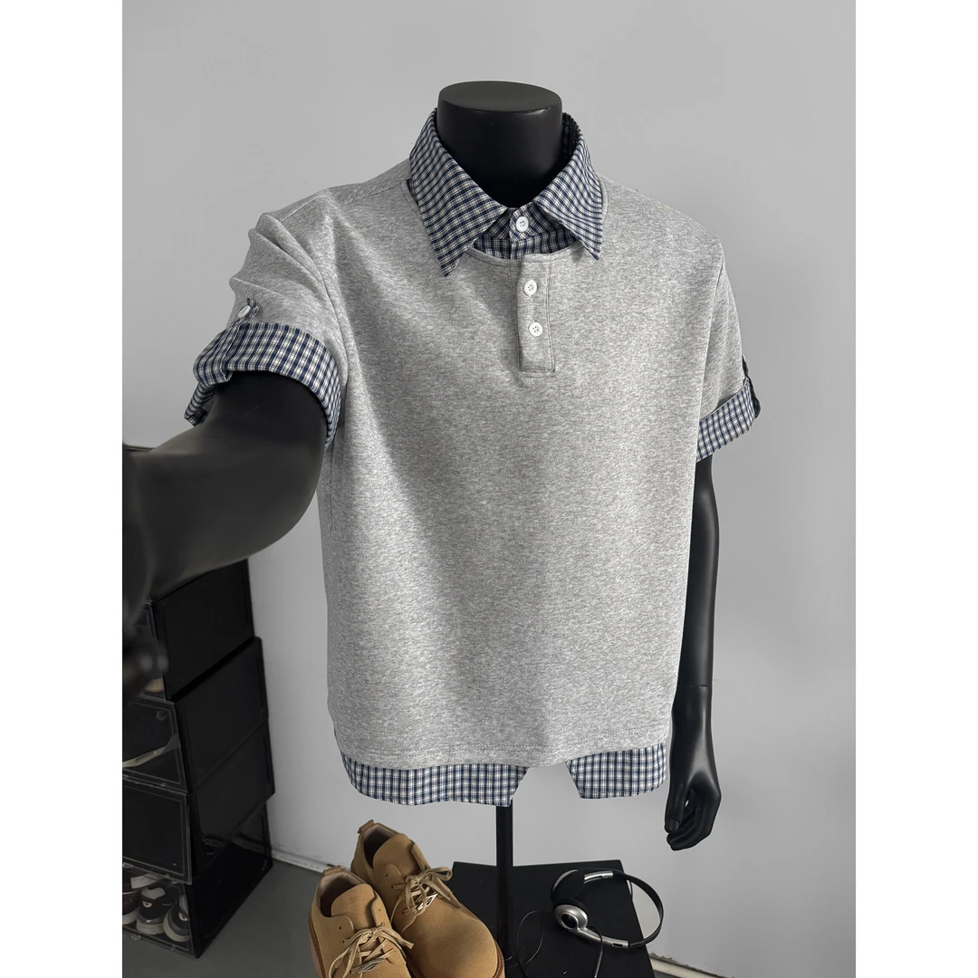 25夏季拼接格子假两件短袖男百搭设计韩系ins风简约爆款T恤上衣